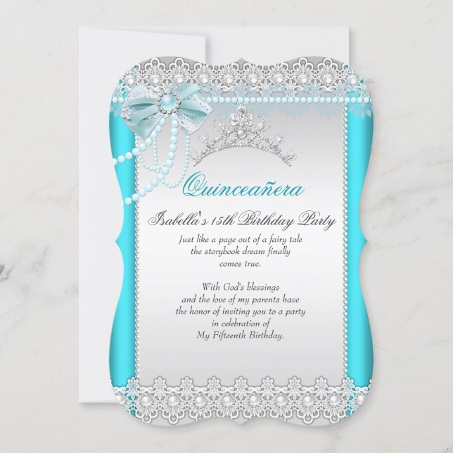 Princess Quinceanera Teal Blue Lace Pearl Tiara Invitation (Front)