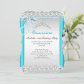 Princess Quinceanera Teal Blue Lace Pearl Tiara Invitation (Standing Front)