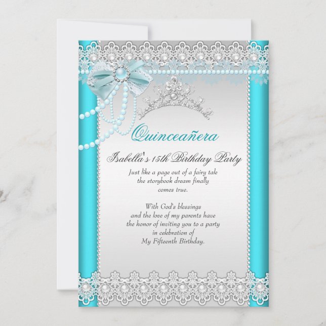 Princess Quinceanera Teal Blue Lace Pearl Tiara Invitation (Front)