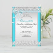 Princess Quinceanera Teal Blue Lace Pearl Tiara Invitation (Standing Front)