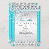 Princess Quinceanera Teal Blue Lace Pearl Tiara Invitation (Front/Back)