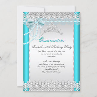 Princess Quinceanera Teal Blue Lace Pearl Tiara Invitation