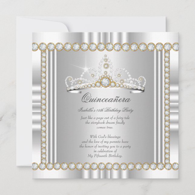 Princess Quinceanera Tiara Gold Silver White Invitation (Front)
