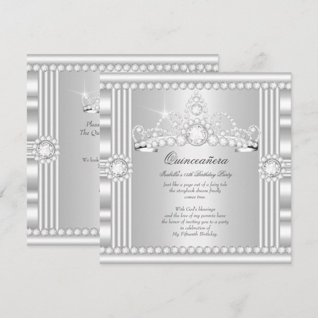 Princess Quinceanera Tiara Silver White Satin Invitation (Front/Back)