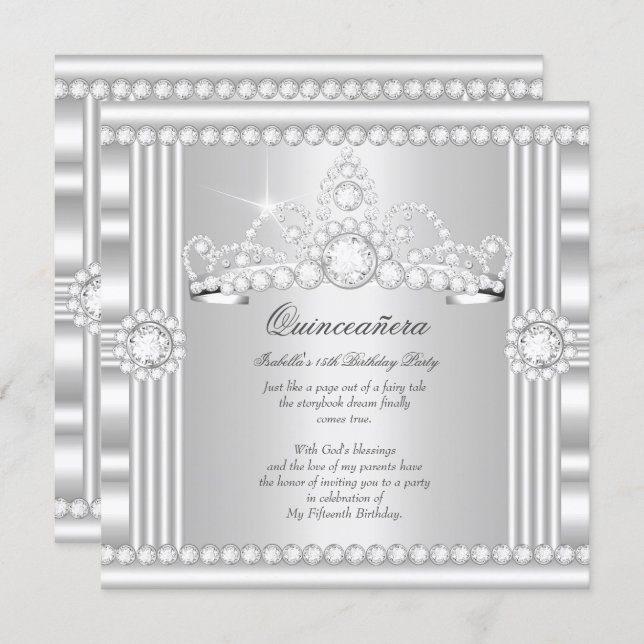 Princess Quinceanera Tiara Silver White Satin Invitation (Front/Back)