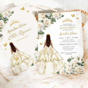 Princess Quinceañera White Ivory Roses Gold Dress  Invitation