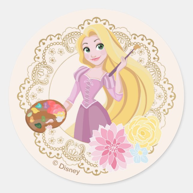 Princess Rapunzel | Floral Gold Confetti Classic Round Sticker (Front)