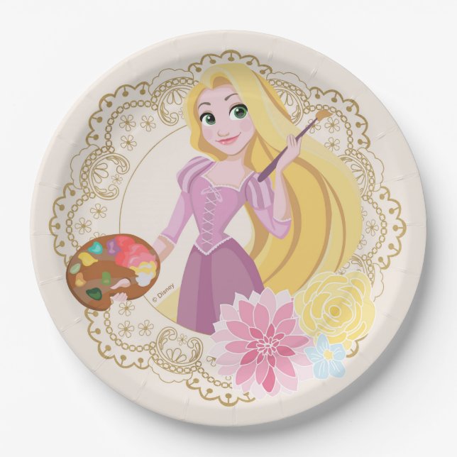 Princess Rapunzel | Floral Gold Confetti Paper Plates (Front)