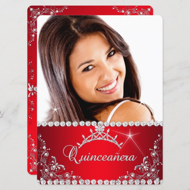Princess Red Quinceanera Photo Silver Tiara Invitation (Front/Back)