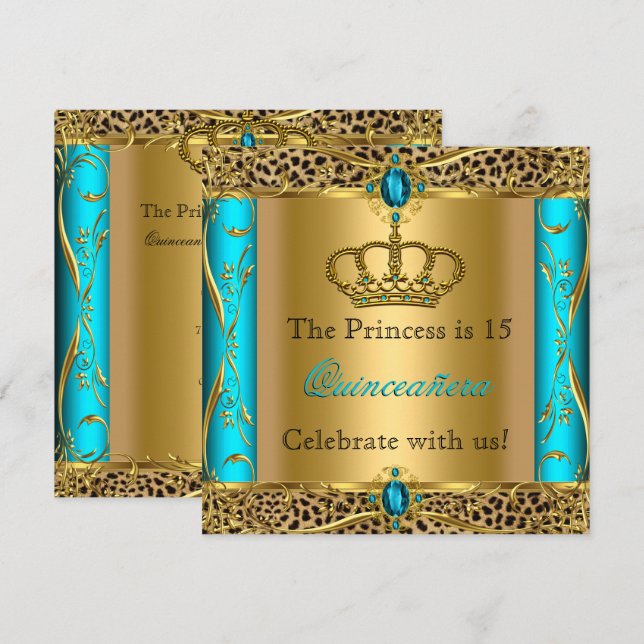 Princess Regal Teal Leopard Quinceañera Party Invitation (Front/Back)