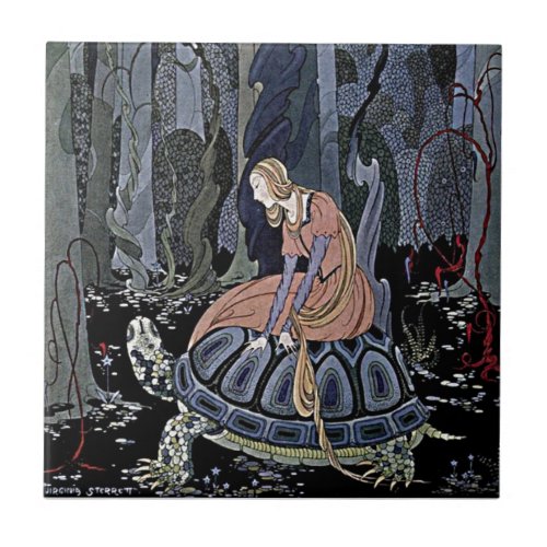 Princess Rides a Turtle Enchanted Magic Witch Art Ceramic Tile