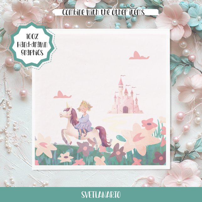 Princess Riding Unicorn Paper Napkins (Frontal view)