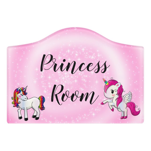 princess room, pink background and unicorns door sign (Small Crest Front)