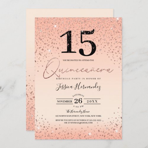 Princess Rose Gold Glitter Confetti Quinceaera Invitation