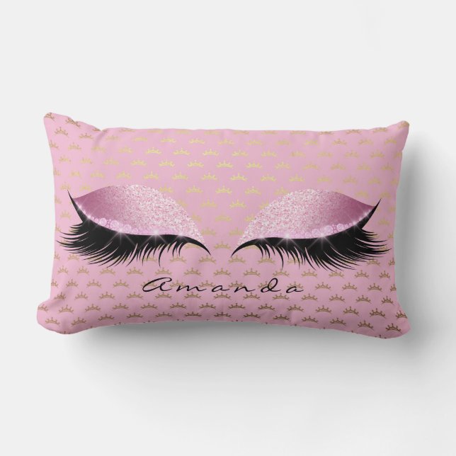 Princess Rose Gold Glitter Lashes Name Crown Lumbar Pillow (Front)