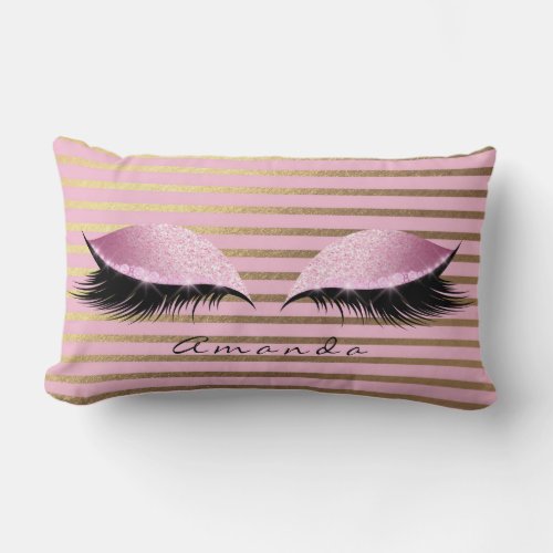 Princess Rose Gold Glitter Lashes Name Stripes Lumbar Pillow