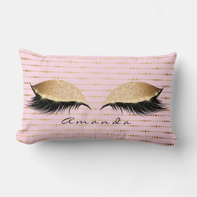 Princess Rose Gold Glitter Lashes Name Stripes Lumbar Pillow (Front)