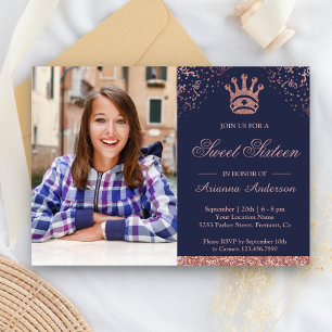Princess Rose Gold Glitter Photo Sweet Sixteen Invitation