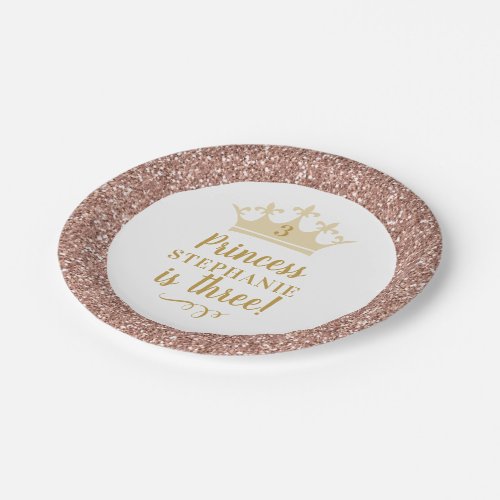 Princess Rose Gold Pink Glitter Crown Birthday Paper Plates