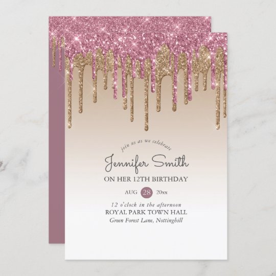 Princess ROSE PINK GOLD Drip Glitter 12th BIRTHDAY Invitation | Zazzle.com