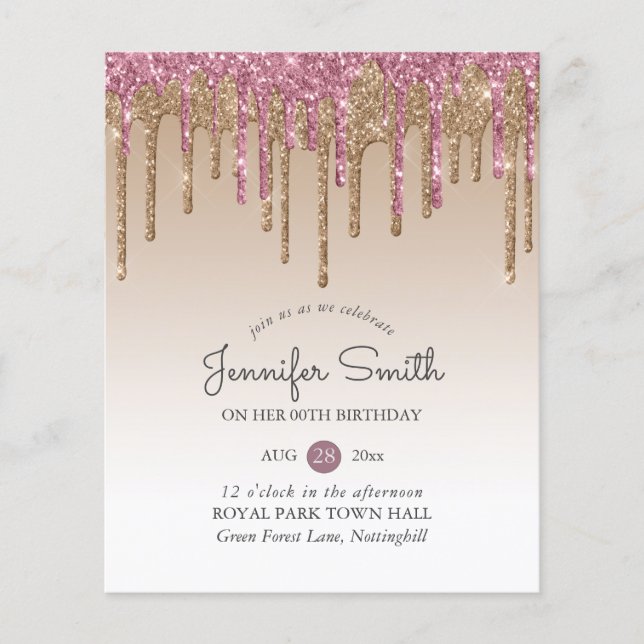 Princess ROSE PINK GOLD Drip Glitter ANY BIRTHDAY (Front)