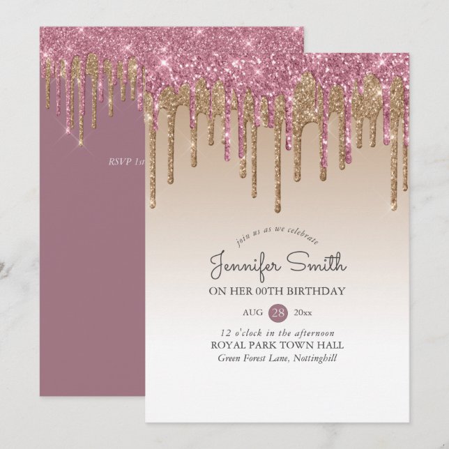 Princess ROSE PINK GOLD Drip Glitter ANY BIRTHDAY Invitation (Front/Back)