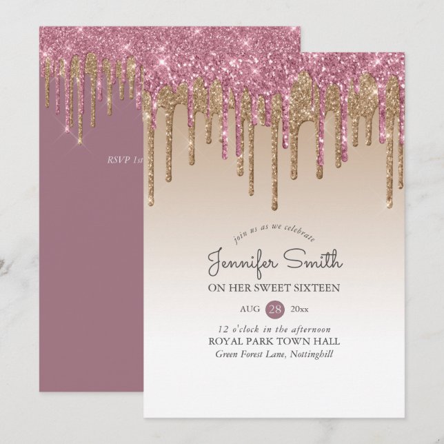 Princess ROSE PINK GOLD Drip Glitter SWEET 16 16th Invitation (Front/Back)