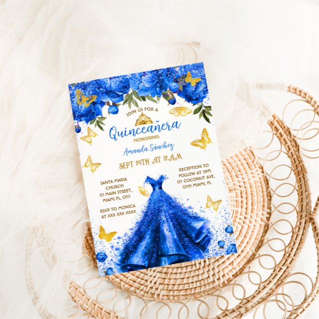 Princess Royal Blue Quinceanera Floral Butterfly Invitation (Creator Uploaded)