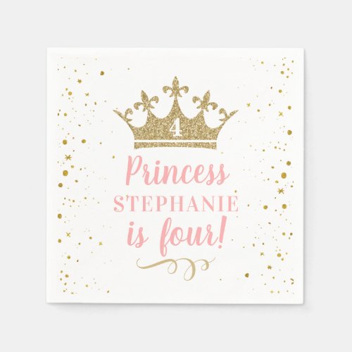 Princess Royal Crown Pink Gold Glitter Birthday Napkins