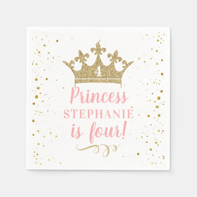 Princess Royal Crown Pink Gold Glitter Birthday Napkins (Front)