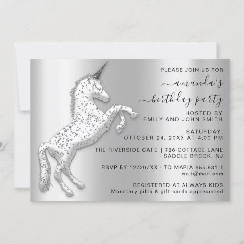 Princess Royal Glitter Unicorn Gray Silver Horse Invitation