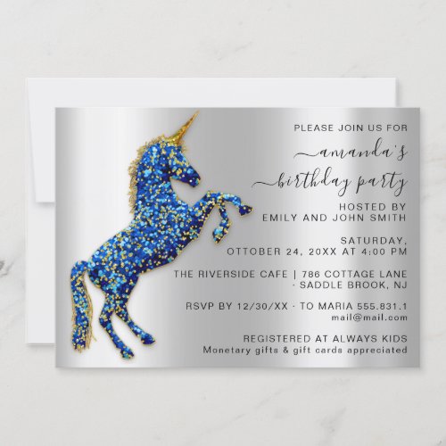 Princess Royal Gold Glitter Unicorn Blue Silver  Invitation
