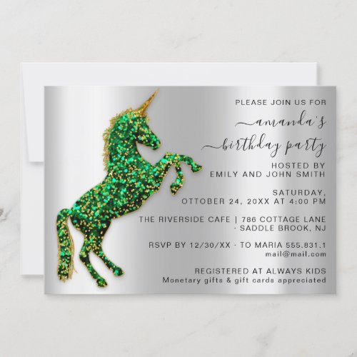 Princess Royal Gold Glitter Unicorn Green Silver Invitation