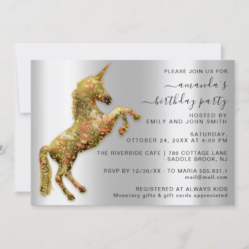 Princess Royal Gold Glitter Unicorn Mimetic Gray Invitation