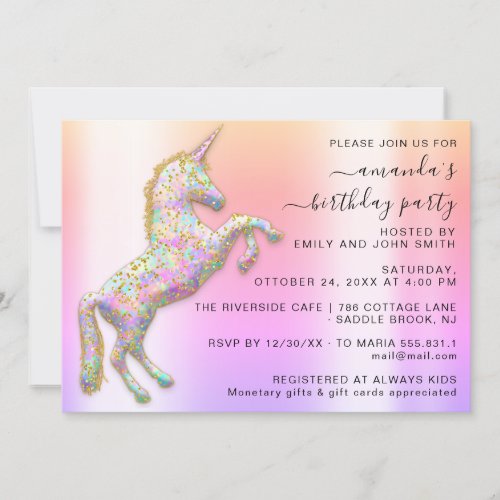 Princess Royal Gold Glitter Unicorn Pink Ombre Invitation