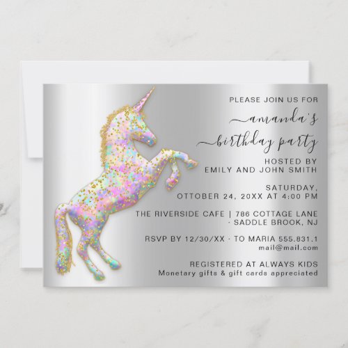 Princess Royal Gold Glitter Unicorn Pink Silver Invitation