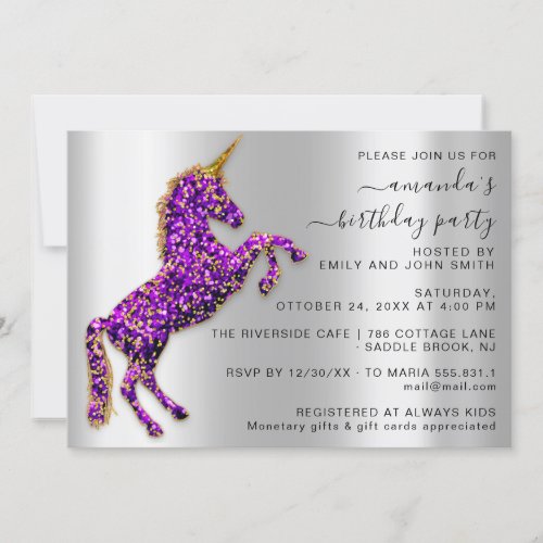 Princess Royal Gold Glitter Unicorn Purple Silver Invitation
