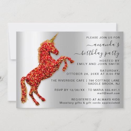 Princess Royal Gold Glitter Unicorn Red Silver  Invitation