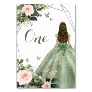 Princess Sage Green Floral Blush Pink 15 Años Table Number