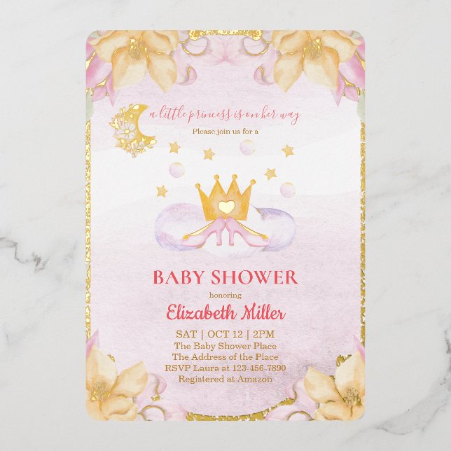 Princess Shoes And Crown Baby Shower Foil Invitation (Front)