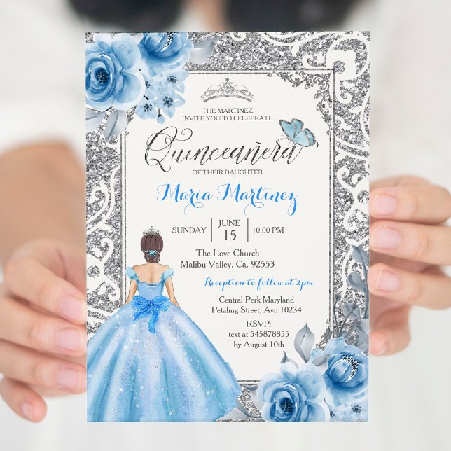 Princess Silver and Blue Roses Mis Quince Invitation (Creator Uploaded)