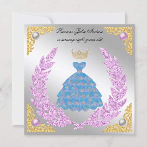 Princess Silver  Gold White Pearls Crown Birthday Invitation