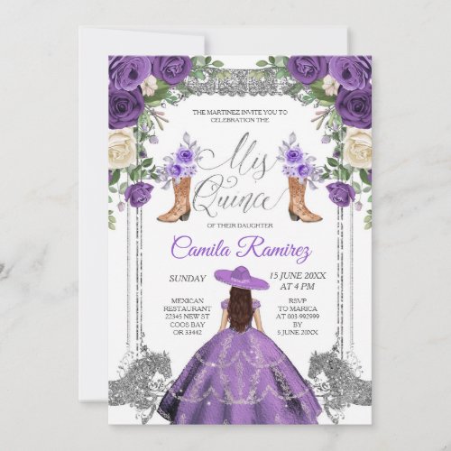 Princess Silver Purple Spanish Girl Sweet 15th Invitation