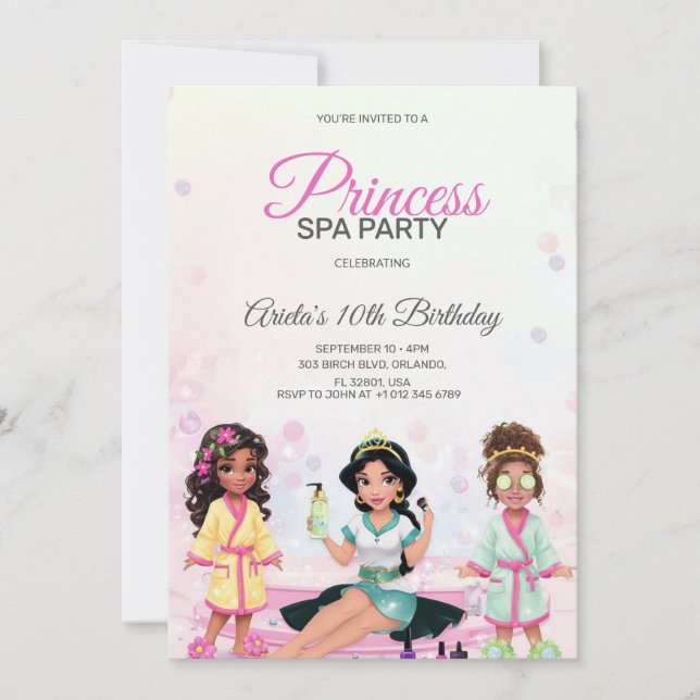 Princess spa party birthday invitation  (Front)