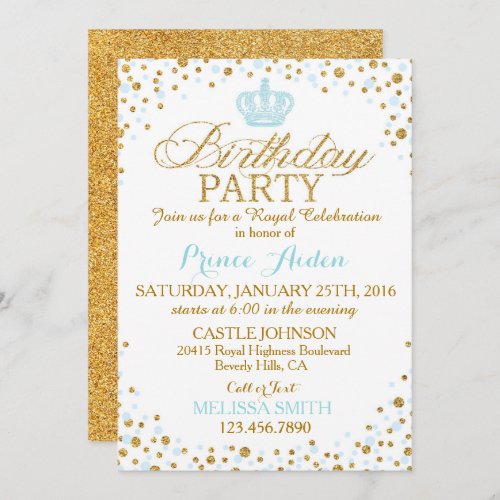 Princess Sparkle Blue and Gold Glitter Birthday Invitation