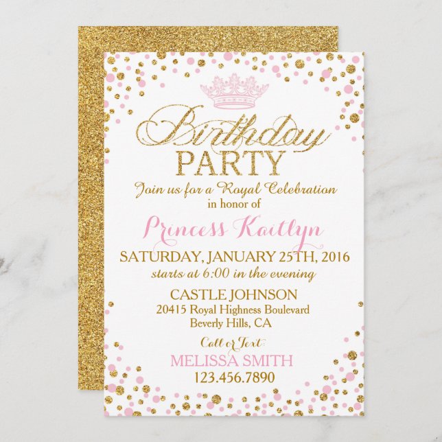 Princess Sparkle Pink and Gold Glitter Birthday Invitation (Front/Back)