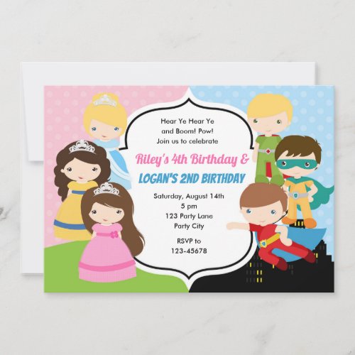 Princess Superhero Birthday Invitation Twins Joint