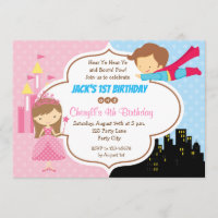 Princess Superhero Twins Birthday Invitations