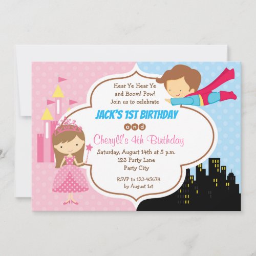 Princess Superhero Twins Birthday Invitations