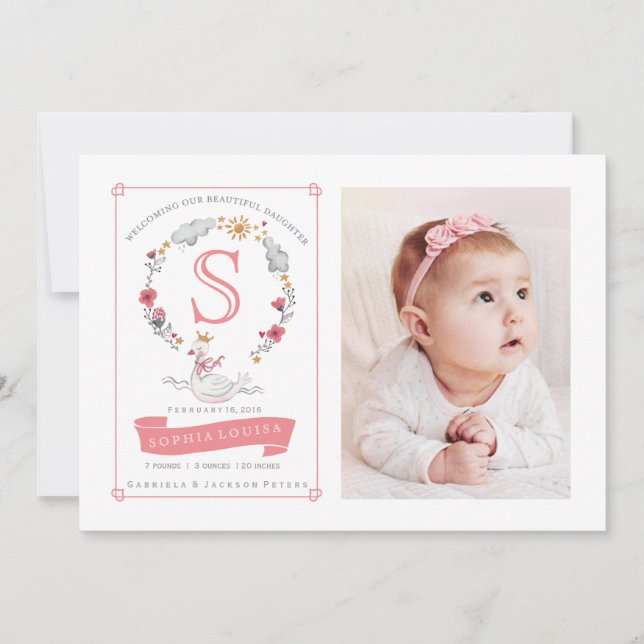 Princess Swan Flower Wreath Birth Announcement (Front)